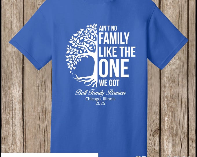 Ball and Hudson Family Reunion T Shirts - special listing - 9 shirts, some sapphire, some royal blue - front print, half tree