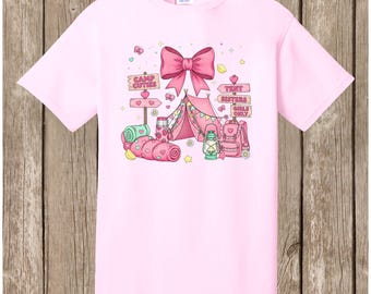 Cute Girls' Camping T shirt, pink bow girly design, tent, sister, summer camp, best friends - one regular unisex T shirt