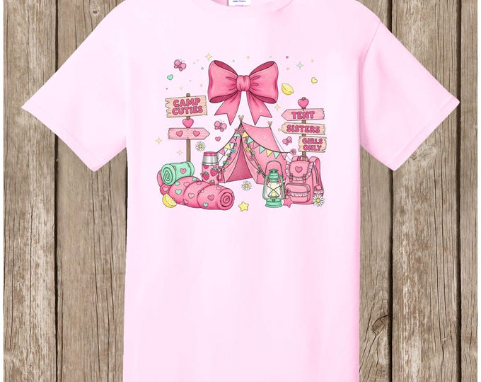 Cute Girls' Camping T shirt, pink bow girly design, tent, sister, summer camp, best friends - one regular unisex T shirt