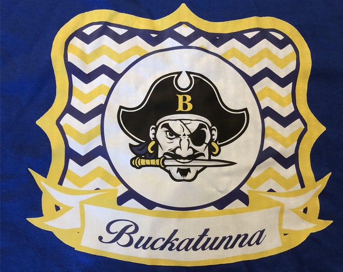 Buckatunna Buccaneers Chevron design true royal blue T shirt size ADULT LARGE Mississippi High School Spirit shirt Clearance Item