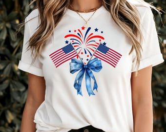 Girlie July 4 T shirt with bow, Independence Day, Fourth of July, 4th of July tee shirt - sizes infant to 6X available