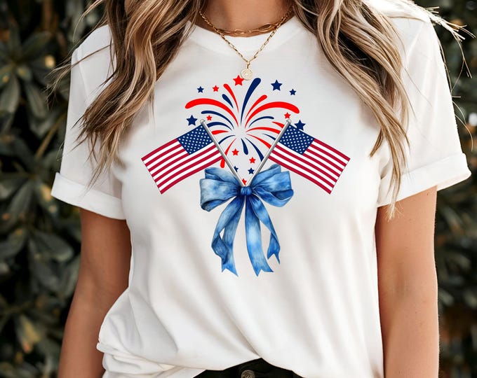 Girlie July 4 T shirt with bow, Independence Day, Fourth of July, 4th of July tee shirt - sizes infant to 6X available