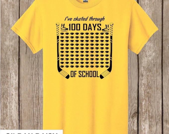Hockey 100th Day of School T Shirt white  - I've skated through 100 days of school Ships very quickly Gildan Daisy Yellow