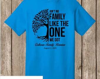 Calhoun Family Reunion T Shirts - special listing - 8 SAPPHIRE shirts - front print, half tree