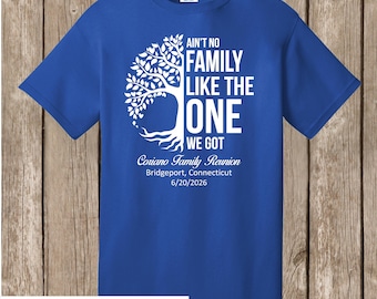 Coriano Family Reunion T shirts - TRUE Royal - white print-front - Ain't No Family/Half tree design - please order 6 wks before needed