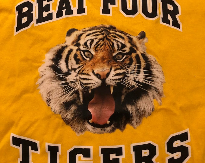 Beat Four Tigers gold T shirt size YOUTH MEDIUM Mississippi High School Spirit shirt one shirt Clearance Item