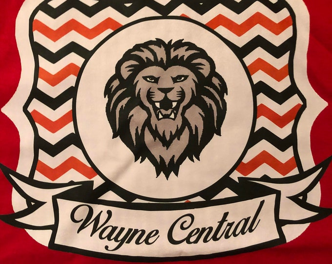 Wayne Central Lions red T shirt size chevron design ADULT large Mississippi High School Spirit shirt one shirt Clearance Item