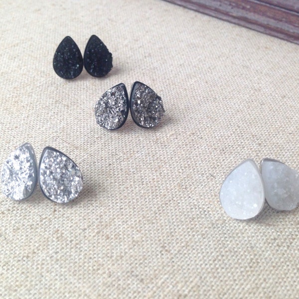 Mona Earring Set - Teardrop Druzy Studs - Full Moon White, Silver, Gunmetal and Black - Set of 4 - Gift Ideas - Unique Modern Boho Jewelry