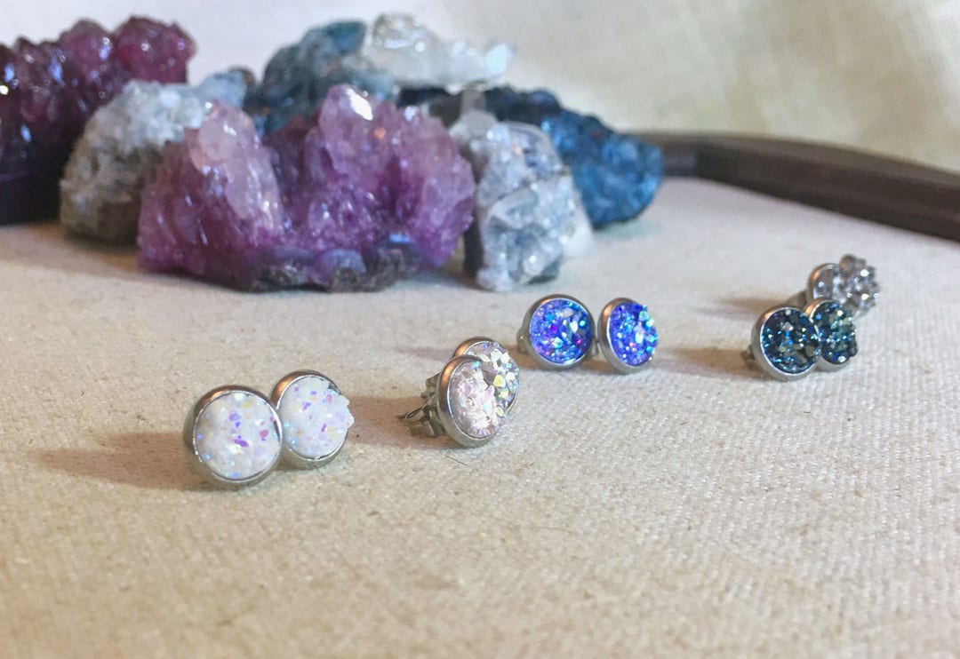 Titania Earring Set Tiny Sparkling Druzy Geode Studs With - Etsy