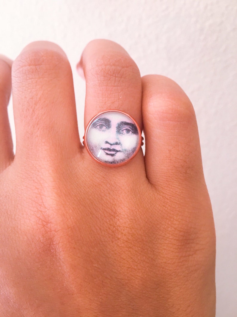 Moon Face Ring with Adjustable Rose Gold Band Man in the Moon Night Sky Celestial Trend Unique Gifts Boho Vintage Ephemera Jewelry For Her