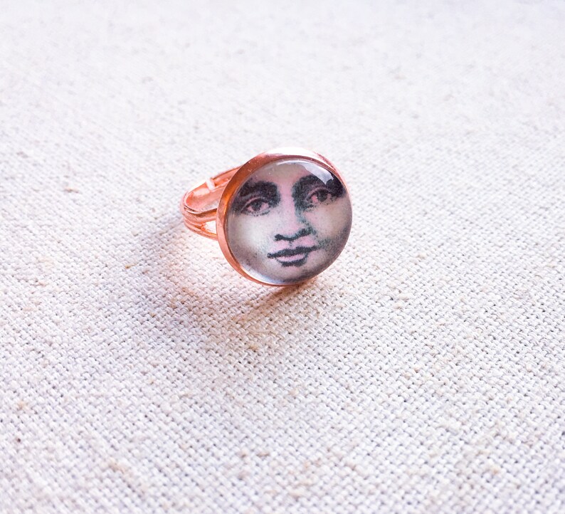 Moon Face Ring with Adjustable Rose Gold Band Man in the Moon Night Sky Celestial Trend Unique Gifts Boho Vintage Ephemera Jewelry For Her