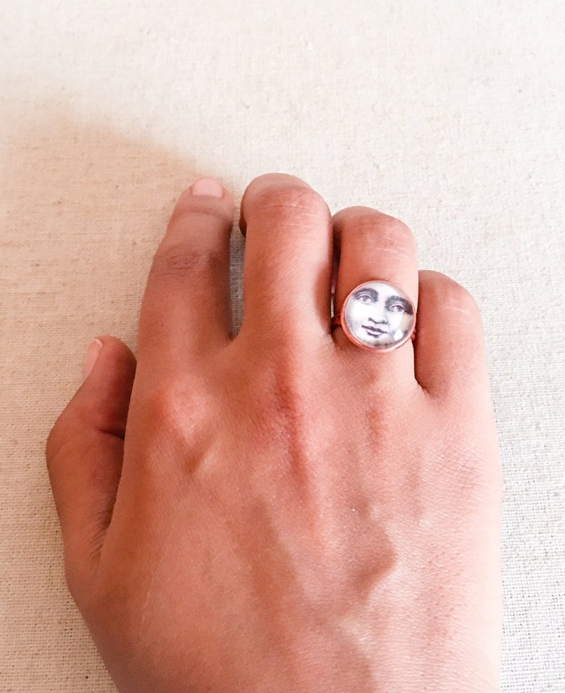 Moon Face Ring with Adjustable Rose Gold Band Man in the Moon Night Sky Celestial Trend Unique Gifts Boho Vintage Ephemera Jewelry For Her