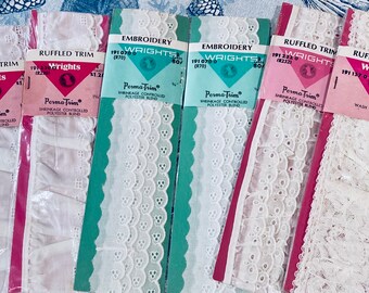 Vintage White Scalloped  Lace..2.5 inch Wide....Original Packages… Eyelet or Floral Lace.....Ruffled White  Lace..4 Packs