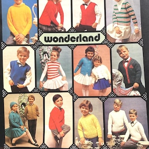 May include: A vintage advertisement featuring children's knitwear. The image showcases various children's clothing items, including cardigans, vests, and pullovers in different colors. The text reads "children's classics mothers love" and "wonderland".