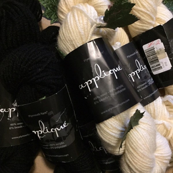 Plymouth Applique Yarn....Black or Natural Yarn with Leaves and Pearls....Knitting and Crochet Supplies