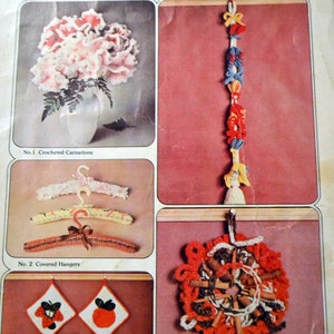 May include: A leaflet with instructions for crocheting various gift ideas. The leaflet features images of crocheted carnations, covered hangers, pot holders, spice rope, and a spice wreath.
