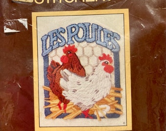 Sunset Stitchery  "Les Poules, French Hens" Crewel Embroidery Kit from 1982. Kit number 540  Fits Frame Size 4" x 5"