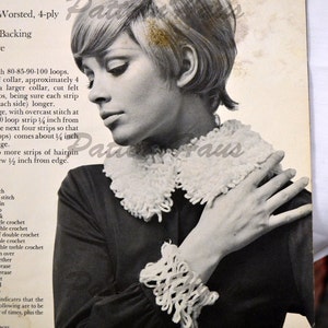 May include: A black and white photo of a woman wearing a white crocheted collar and cuffs. The text on the page reads "Lace loom. Dor 3 Worsted, 4-ply Backing e h 80-85-90-100 loops. collar, approximately 4 a larger collar, cut felt os, being sure each strip ach side) longer. ge, with overcast stitch at 0 loop strip 1/4 inch from e next four strips so that ps) comes about 1/4 inch ge. more strips of hairpin ew 1/2 inch from edge."