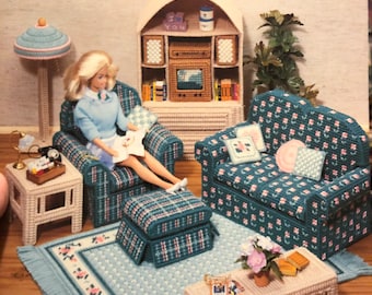Plastic Canvas Fashion Doll Living Room....Plastic Canvas Needlepoint ...Fiber Art...Barbie Doll Furniture..Kooler Design Studio