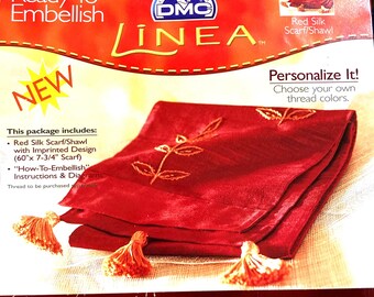 Linea Ready to Embellish Red Silk Scarf/Shawl…DMC…Red Scarf with Imprinted Design…60”x7.75”…Instructions…Personalize It