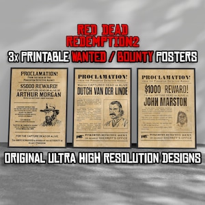 Cartazes de procurados de Red Dead Redemption 2 DIGITAL - Arthur Morgan, John Marston, Dutch Van Der Linde - Cartazes de procurados para impressão RDR2