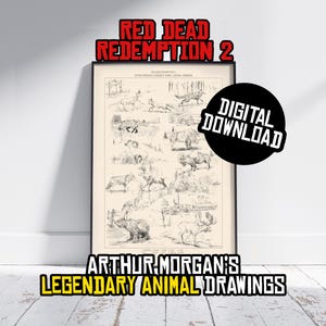 Affiche numérique Red Dead Redemption 2 - dessins de Journal animaux légendaires d'Arthur Morgan - art mural dessiné à la main - décoration de chambre de joueur de cow-boy