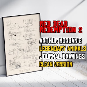 Poster fisico di Red Dead Redemption 2 - Disegni di diario di animali leggendari di Arthur Morgan - Arte murale disegnata a mano - Cowboy Gamer - Solo nomi