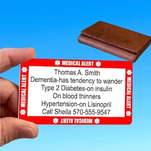 Tarjeta de alerta médica para billetera - Tarjeta de identificación en caso de emergencia - Tarjeta de billetera de metal personalizada para alertar a los socorristas sobre condiciones médicas