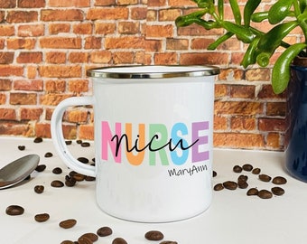 NCIU nurse enamel coffee mug personalized with name, Nurse thank you gift, Custom camp mug for her, Image both sides