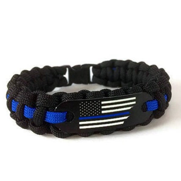 Police Thin Blue Line paracord bracelet with flag for men - Police bracelet - Made in the USA