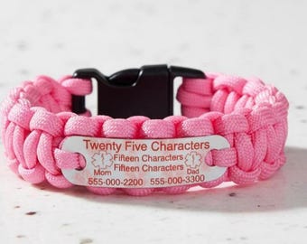 Customized kids medical alert bracelet - Allergy bracelet, Paracord bracelet in choice of color and text - Made in the USA