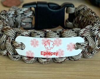 Epilepsy bracelet for adults or kids, medical alert bracelet, Custom made paracord bracelet, Waterproof - choice of color