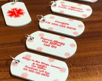 Medical alert tag personalized - Waterproof medical ID for kids or adults - Food allergy alert, Free keyring or bead chain