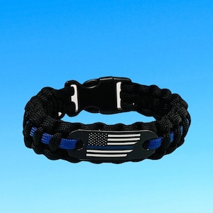 Police thin blue line paracord bracelet with flag for men - police bracelet - made in the USA