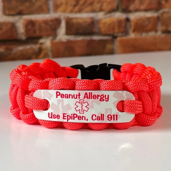 Peanut allergy medical alert bracelet for kids, teens or adults - Choice of color - Waterproof Paracord bracelet - Back to school accessory