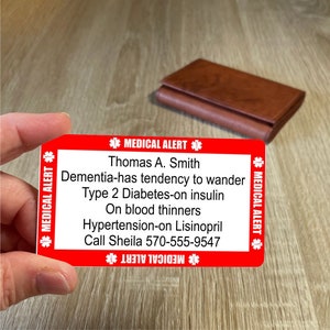 Medical Alert wallet card In Case of emergency ID card Personalized metal wallet card to alert first responders to medical conditions Same as front side