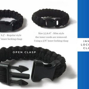 May include: Three black paracord bracelets with plastic side-release buckles. One bracelet is open, showing the inner locking clasp. Text indicates sizes 5.5 to 8.5 inches, regular and slim styles, and the use of 3/8 inch or 5/8 inch inner locking clasps.