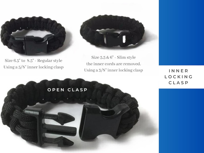 May include: Three black paracord bracelets with plastic side-release buckles. One bracelet is open, showing the inner locking clasp. Text indicates sizes 5.5 to 8.5 inches, regular and slim styles, and the use of 3/8 inch or 5/8 inch inner locking clasps.