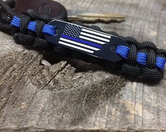 Police Thin Blue Line Flag Paracord Keychain – Law Enforcement, USA Handmade