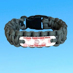 Liver transplant immunosuppressant medical alert bracelet - Custom made paracord bracelet - Waterproof, lead & nickel free