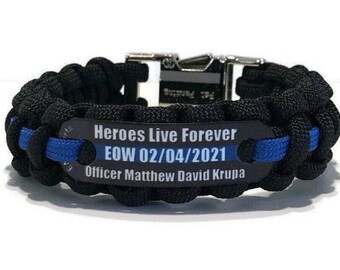 Memorial bracelet for police, Personalized Thin Blue Line paracord bracelet - EOW Law Enforcment never forgotten tribute - Buy in bulk