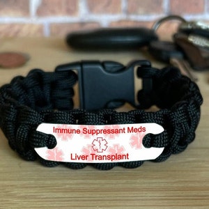 Liver transplant immune suppressant medical alert paracord bracelet - Waterproof, lead & nickel free - Made in USA image 3
