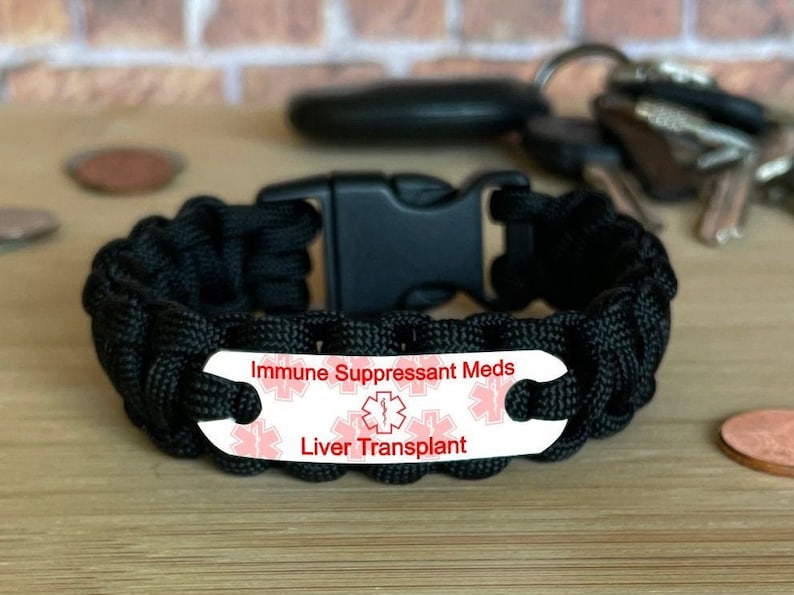 Liver transplant immune suppressant medical alert paracord bracelet - Waterproof, lead & nickel free - Made in USA image 3