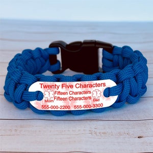 Personalized medical alert bracelet - Adult medical alert bracelet, Waterproof lead & nickel free paracord bracelet - Emergency jewelry