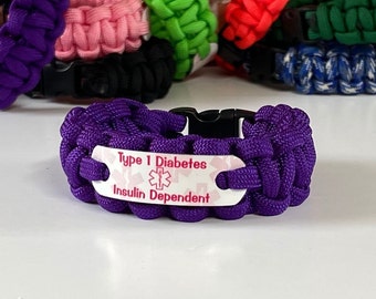 Type 1 diabetes bracelet - Medical alert bracelet in choice of wrist size and color - Waterproof - Kids or adults - Back to school