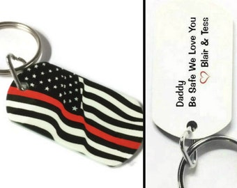 Firefighter flag keychain personalized, Firefighter gift, Thin red line keychain with your custom message on back, Father's Day gift idea