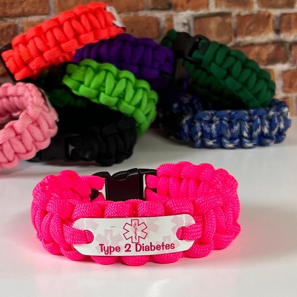 Medical alert type 2 diabetes paracord bracelet for men or women in choice of color