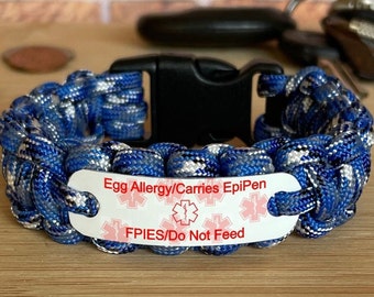 FPIES medical alert bracelet personalized, Food allergies, Paracord bracelet in choice of color for kids, Waterproof lead & nickel free