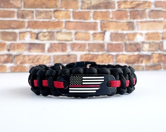 Firefighter paracord bracelet - Thin Red Line American Flag bracelet for men or women - Made in the USA - Bulk orders welcome
