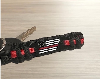 Firefighter Thin Red Line American Flag Paracord Keychain - Handmade USA